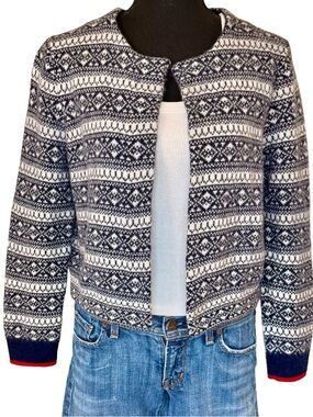 Brooks Bothers Merino Wool Navy and Cream Cardigan Sweater - Size L Cottage